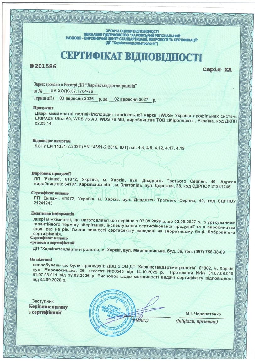 Certificate of conformity for interior doors in Ultra 60, 76 AD and 76 MD systems