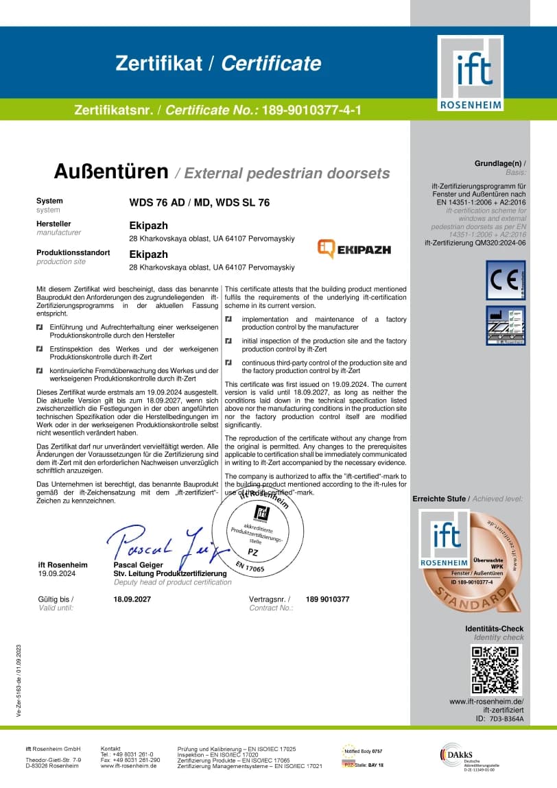 ift Rosenheim certificate for WDS 76 AD/MD and WDS SL 76 external doors, valid until 18.09.2027