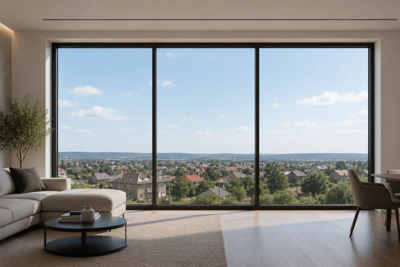 Panoramic window spanning the living room wall, with a view of the city