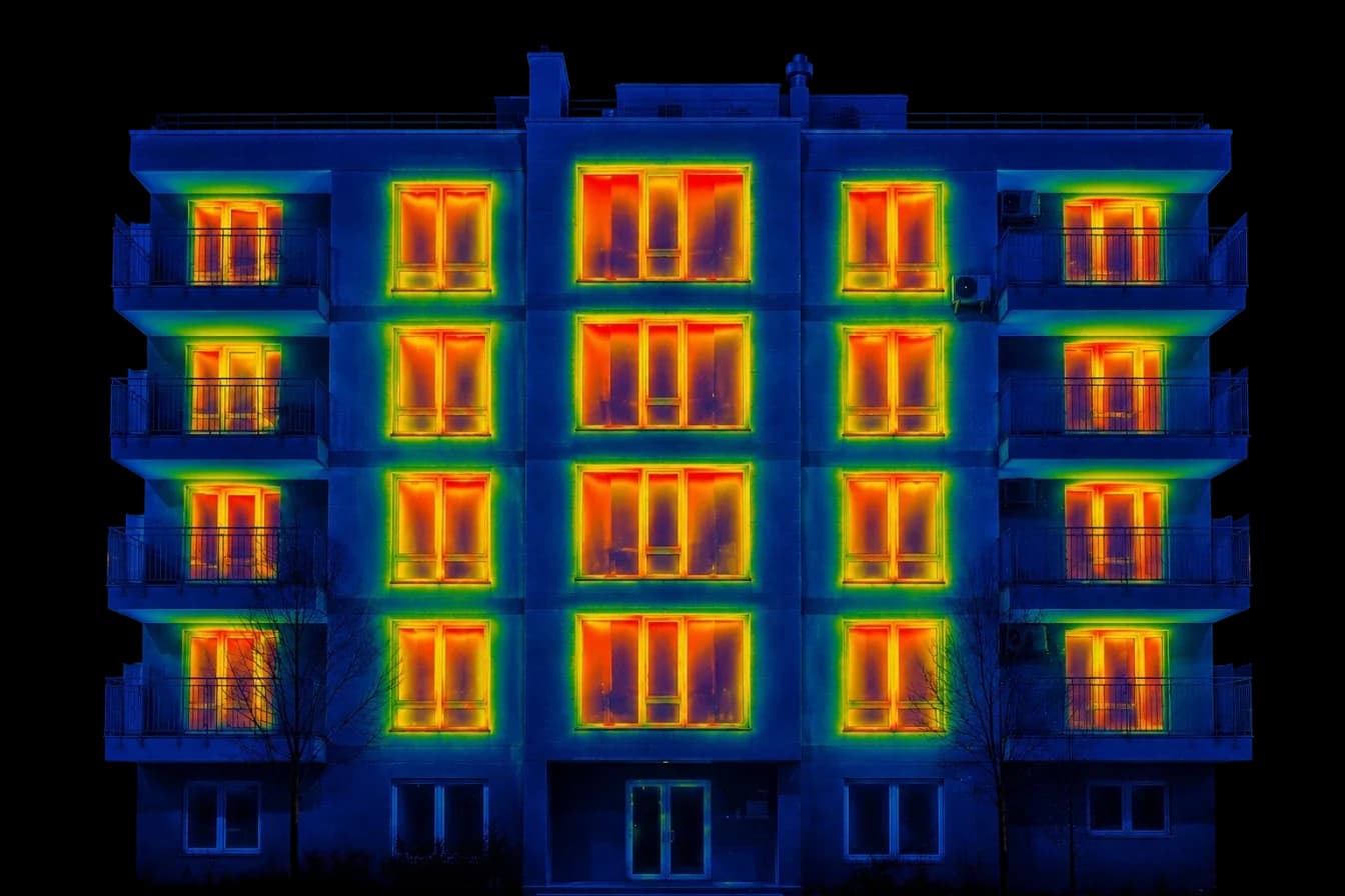 Wärmebild eines Hauses mit herkömmlichen Fenstern